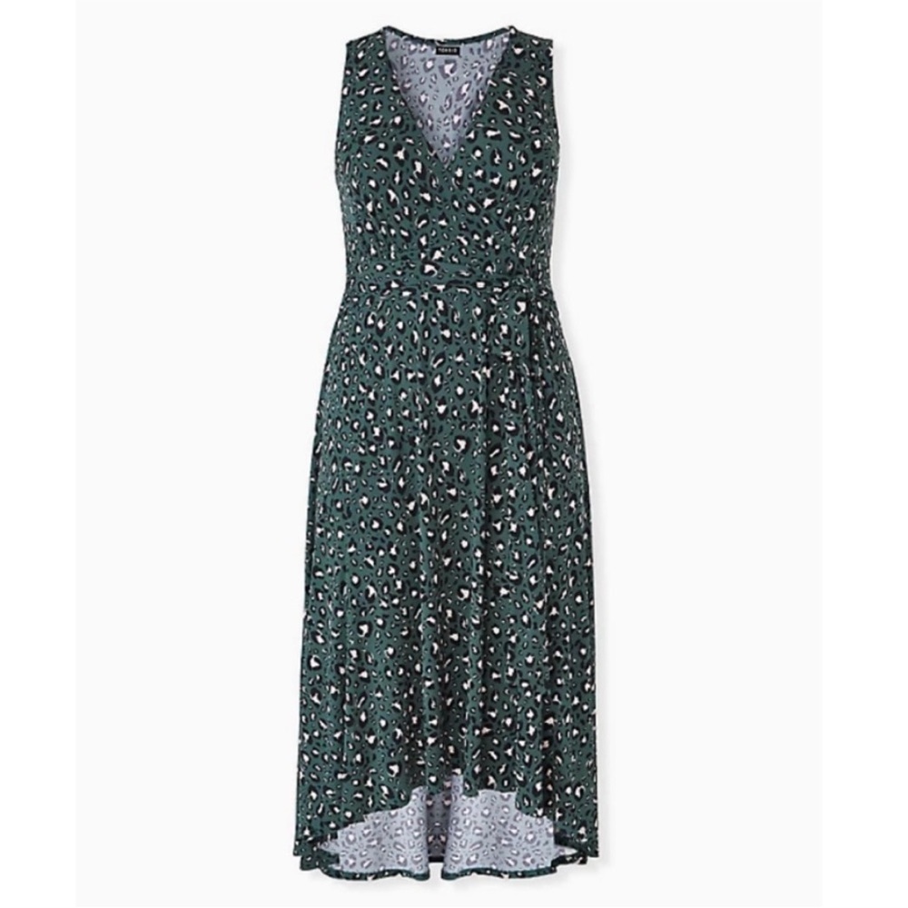 TORRID GREEN LEOPARD STUDIO KNIT TIE FRONT HI-LO DRESS